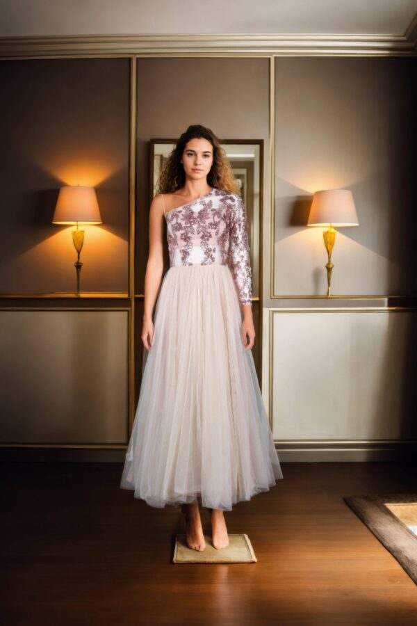 Luxurious Peach Full-Length One-Shoulder Gown with Sequin Embroidered Top & Full Sleeves - Perfect for Elegant Evenings & Special Occasions