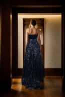 Black Long Western Gown with Velvet Spaghetti Strap Neckline, Gathered Net Skirt & Full Sequin & Bead Abstract Design - Elegant Evening Wear for Special Occasions