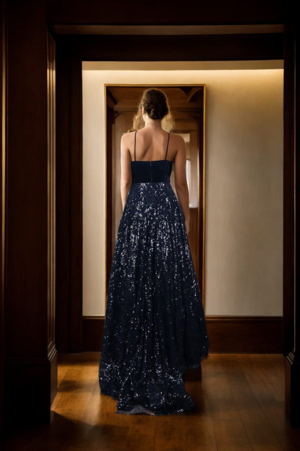 Black Long Western Gown with Velvet Spaghetti Strap Neckline, Gathered Net Skirt & Full Sequin & Bead Abstract Design - Elegant Evening Wear for Special Occasions - Image 3
