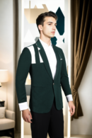 Mens Dark Green Colourblocked Slim-Fit Casual Blazer with Notched Lapel & Double-Vented Hem - Modern & Stylish