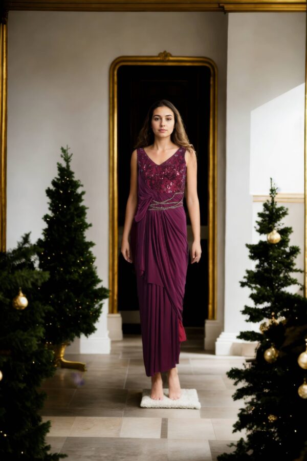 Dhoti Style Gown with Sequin Work on Upper Part and One-Shoulder Pleated Aari Work on Both Shoulders - Elegant Party Wear