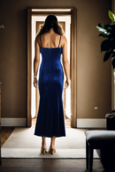 Blue Velvet Strap Gown with Bead Embellishments - Elegant Evening Wear for Special Occasions