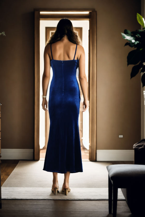 Blue Velvet Strap Gown with Bead Embellishments - Elegant Evening Wear for Special Occasions - Image 3
