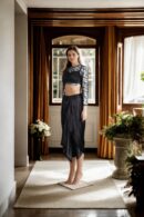 Silk Satin Black Plain Dhoti with Bead Work Belt & Net Blouse - Padded Princess Cut & Full Sleeves