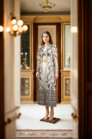 Exquisite White Georgette Gown with Mirror Border & Sequin Cape - Perfect for Weddings & Evening Soires