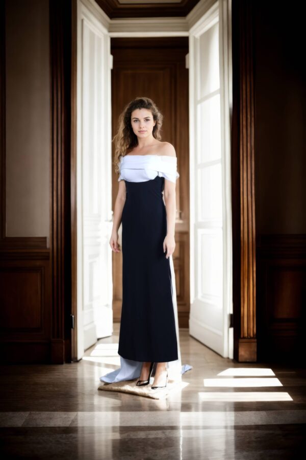Crepecare Black and White Off-Shoulder Western Dress with Fitted Black Silhouette - Chic Evening Wear - Image 2