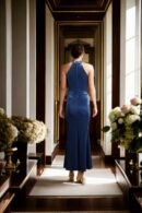 Blue Lagoon Silk Velvet Bodycon Gown with Halter Neckline and White Diamond Design, Sleeveless - Glamorous Evening Wear