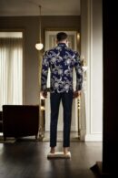 Navy Blue Velvet Heavy Blazer with Gold Zari Thread & Sequin Work - Notch Lapel Collar, Long Sleeves, Two Flap Pockets
