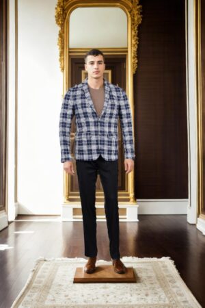 Insignia Blue Checkered Blazer for Men in Polyester-Viscose Blend, Notched Lapel, Single-Breasted Design, Button-Up Closure, and Two Pockets