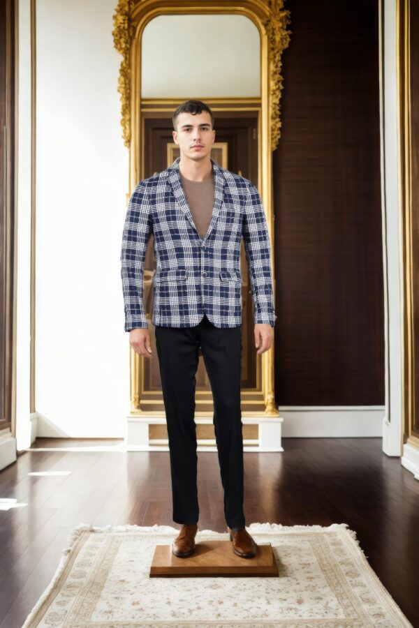 Insignia Blue Checkered Blazer for Men in Polyester-Viscose Blend, Notched Lapel, Single-Breasted Design, Button-Up Closure, and Two Pockets