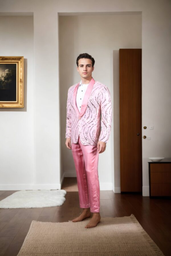 Pink Net Suit with Multicolor Abstract Sequin Work - Silk Georgette Shawl Collar, Full Sleeves & A-Line Pants - Image 2