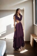 Wine Silk Pleated Dress with Ruffle Design & Sweetheart Neckline - Perfect for Elegant Evenings