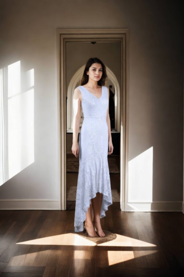 White Net Gown with Abstract Sequin Design & V-Neckline - Perfect for Sophisticated Evenings - Image 4