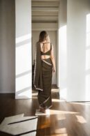Elegant Olive Green Georgette Indo-Western Draped Saree with Embroidered Lace & Spaghetti Strap Blouse