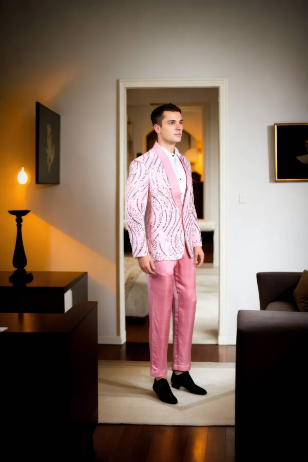 Pink Net Suit with Multicolor Abstract Sequin Work - Silk Georgette Shawl Collar, Full Sleeves & A-Line Pants - Image 4