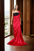 Pink and Black Draped Gown with Velvet Sequin Embellishments - Perfect for Luxe Parties & Evening Galas