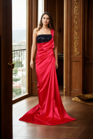 Pink and Black Draped Gown with Velvet Sequin Embellishments - Perfect for Luxe Parties & Evening Galas