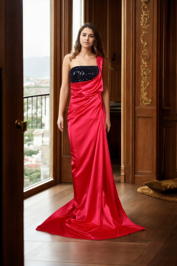 Pink and Black Draped Gown with Velvet Sequin Embellishments - Perfect for Luxe Parties & Evening Galas