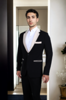 Mens Black Solid Single-Breasted Blazer with Shawl Collar & Double-Vented Hem - Elegant & Versatile