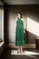 Elegant Green Georgette Western Gown with Gold Sequins, Light Embroidery Work & Halter Neck Design - Perfect for Glamorous Evenings & Special Occasions