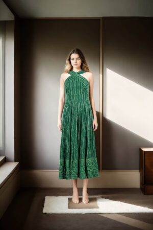 Elegant Green Georgette Western Gown with Gold Sequins, Light Embroidery Work & Halter Neck Design - Perfect for Glamorous Evenings & Special Occasions