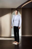 White Cotton Striped Slim-Fit Blazer with Notch Lapel Collar, Long Sleeves, and Blue Horizontal Line Welt Pocket Design