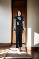 Elegant Black Net Top with Ruffle Front Design - Full Sleeves & Formal Straight Pants