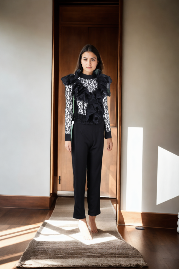Elegant Black Net Top with Ruffle Front Design - Full Sleeves & Formal Straight Pants - Image 3