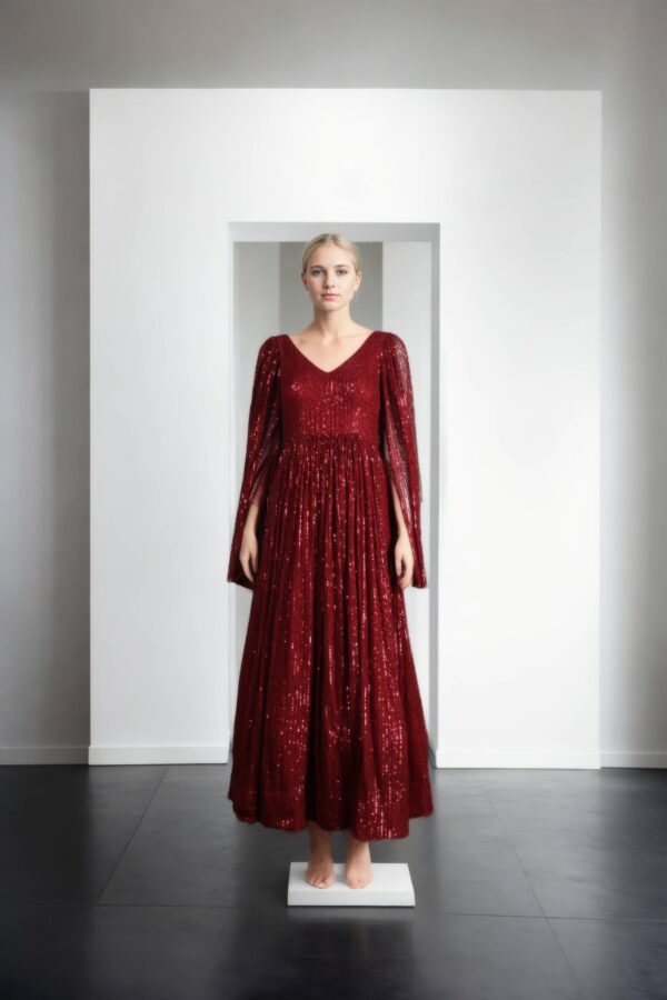 Long Flared V-Neckline Gown with Shoulder Cape & Back Zip Opening - Elegant Evening Wear