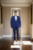 Ink Blue Cotton-Polyester Slim-Fit Formal Suit Notched Lapel Collar, Single-Breasted with Double-Button Closure, Three Pockets, Long Sleeves & Double-Vented Back Hem