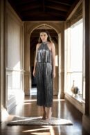 Chic Grey A-Line Dress with Halter Neckline and Striped Sleeveless Design - Knee-Length Casual & Evening Dress
