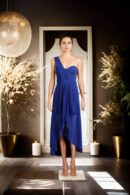 Bluebonnet Blue One-Shoulder Cascade High-Low Dress with Soft Georgette and Corset Denim Top - Elegant Evening Wear