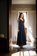 Black One-Shoulder Satin Gown with Side Zip Opening and Net Sleeve - Elegant Evening Wear
