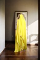 Stunning Yellow Silk Indo-Western Dhoti Dress with Sequin & Thread Work, Gold Lace Dupatta & One-Shoulder Pleated Blouse
