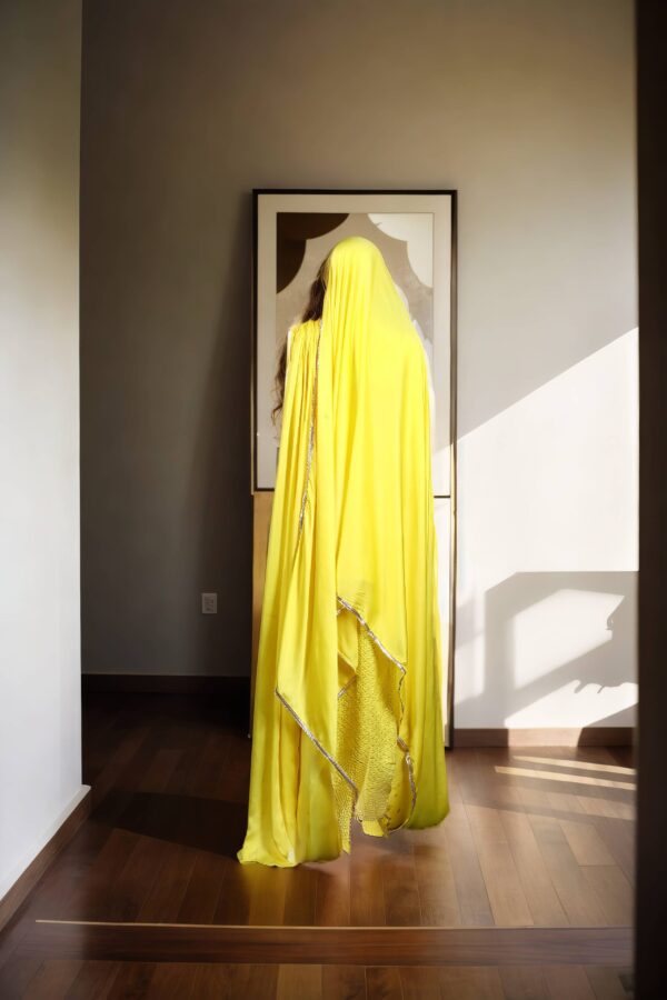 Stunning Yellow Silk Indo-Western Dhoti Dress with Sequin & Thread Work, Gold Lace Dupatta & One-Shoulder Pleated Blouse - Image 3