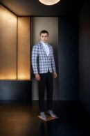 Grey Wool-Blend Checkered Blazer for Men ? Notched Lapel, Single-Breasted with Button-Up Closure & Two Pockets