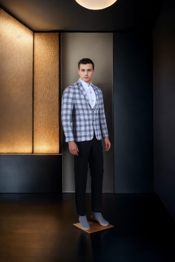 Grey Wool-Blend Checkered Blazer for Men ? Notched Lapel, Single-Breasted with Button-Up Closure & Two Pockets - Image 2