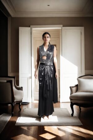 Grey Shimmer Net Dhoti Drape Ready-to-Wear Saree with Corset Belt - Modern Party Wear