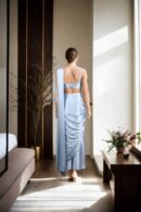Glamorous Blue Shimmer Lycra Solid Sweetheart Lia Pre-Pleated Saree with Blouse - Perfect for Weddings & Evening Events