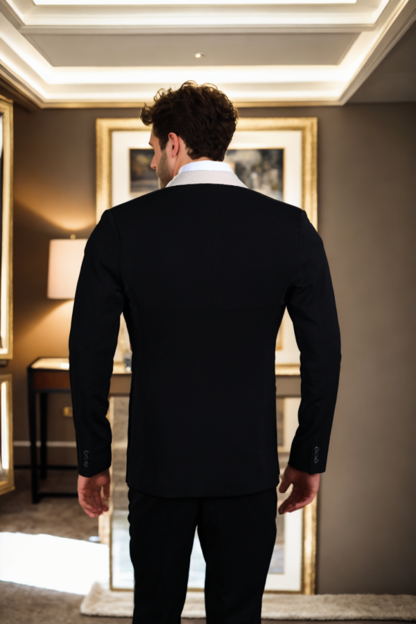 Mens Black Solid Single-Breasted Blazer with Shawl Collar & Double-Vented Hem - Elegant & Versatile - Image 2