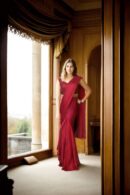 Glamorous Red Satin Readymade Drape Saree with Net Sequin Work Corset Strap Blouse & Sweetheart Neckline - Perfect for Weddings & Evening Events