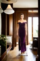 Velvet Off-Shoulder Front Side Slit Gown with Back Zip Opening - Elegant Evening Wear