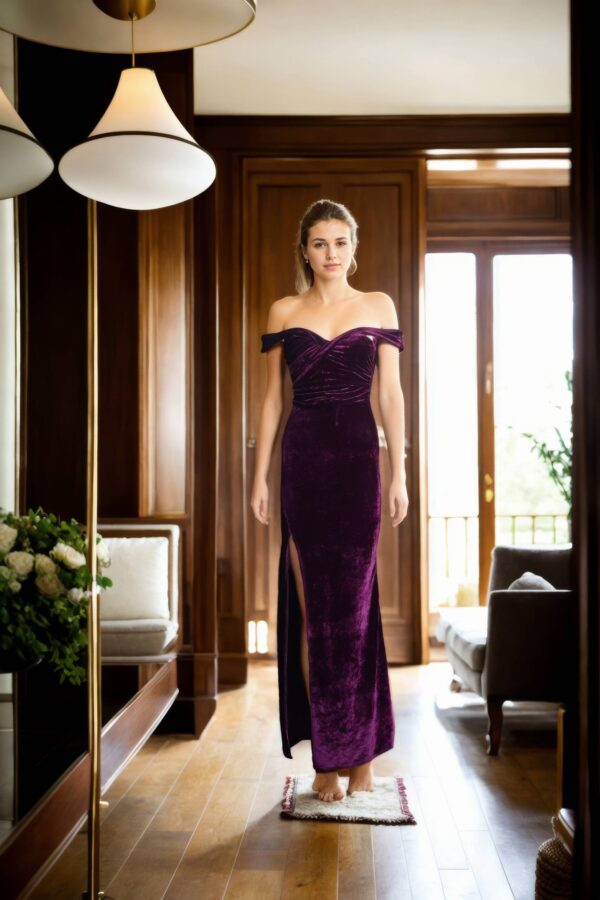 Velvet Off-Shoulder Front Side Slit Gown with Back Zip Opening - Elegant Evening Wear