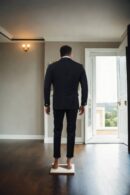 Black Suiting Slim-Fit Formal Suit - Notched Lapel Collar with White Abstract Design, Double-Button Closure & Double-Vented Back Hem