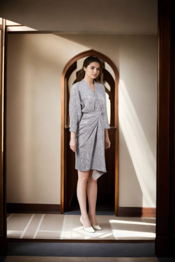 Silver Short Bodycon Gown with Drape & Butterfly Sleeves - Perfect for Glamorous Parties - Image 2