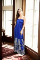 Luxurious Cobalt Blue Strapless Belted Gown with Machine Embroidery, Beads, and Side Zip Opening - Perfect for Formal & Evening Events