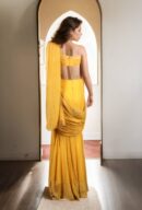 Stunning Yellow Georgette Western Gown with Corset Design, Self-Embroidery Work, Sequins & Gold Lace Details ? Perfect for Weddings & Special Occasions