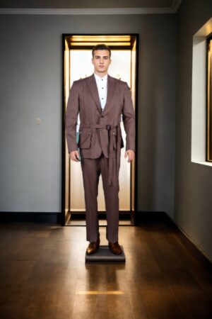 Stylish Brown Suiting Set with Single-Breasted Two-Button Blazer, Notch Lapel, Suspenders, 3D Pockets, Full Sleeves, and A-Line Pants