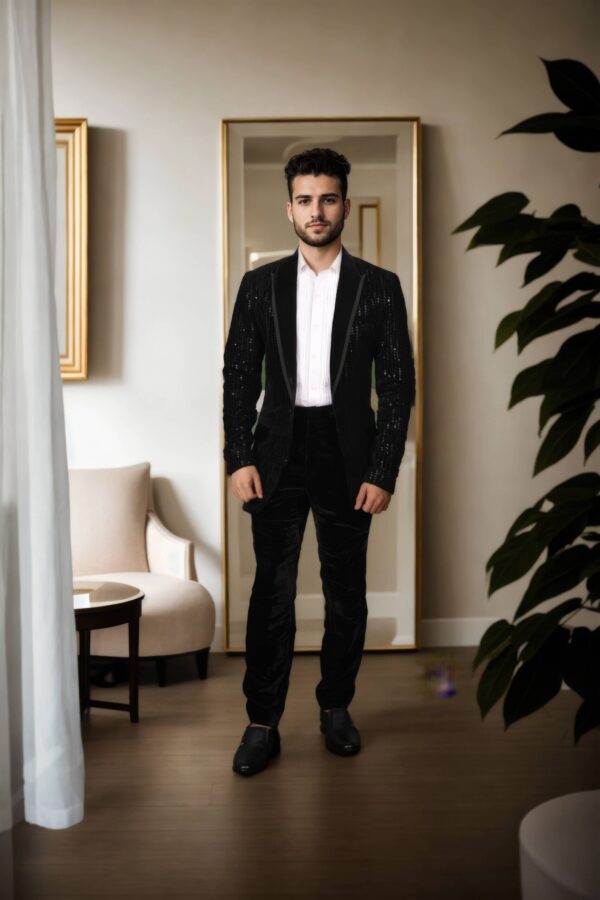 Luxurious Black Velvet Suit with Self Thread and Sequins Work - Perfect for Weddings & Formal Events