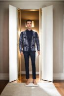 Black Suiting Heavy Blazer with White & Black Beadwork - Long Sleeves, Two Flap Pockets, Chest Welt Pocket